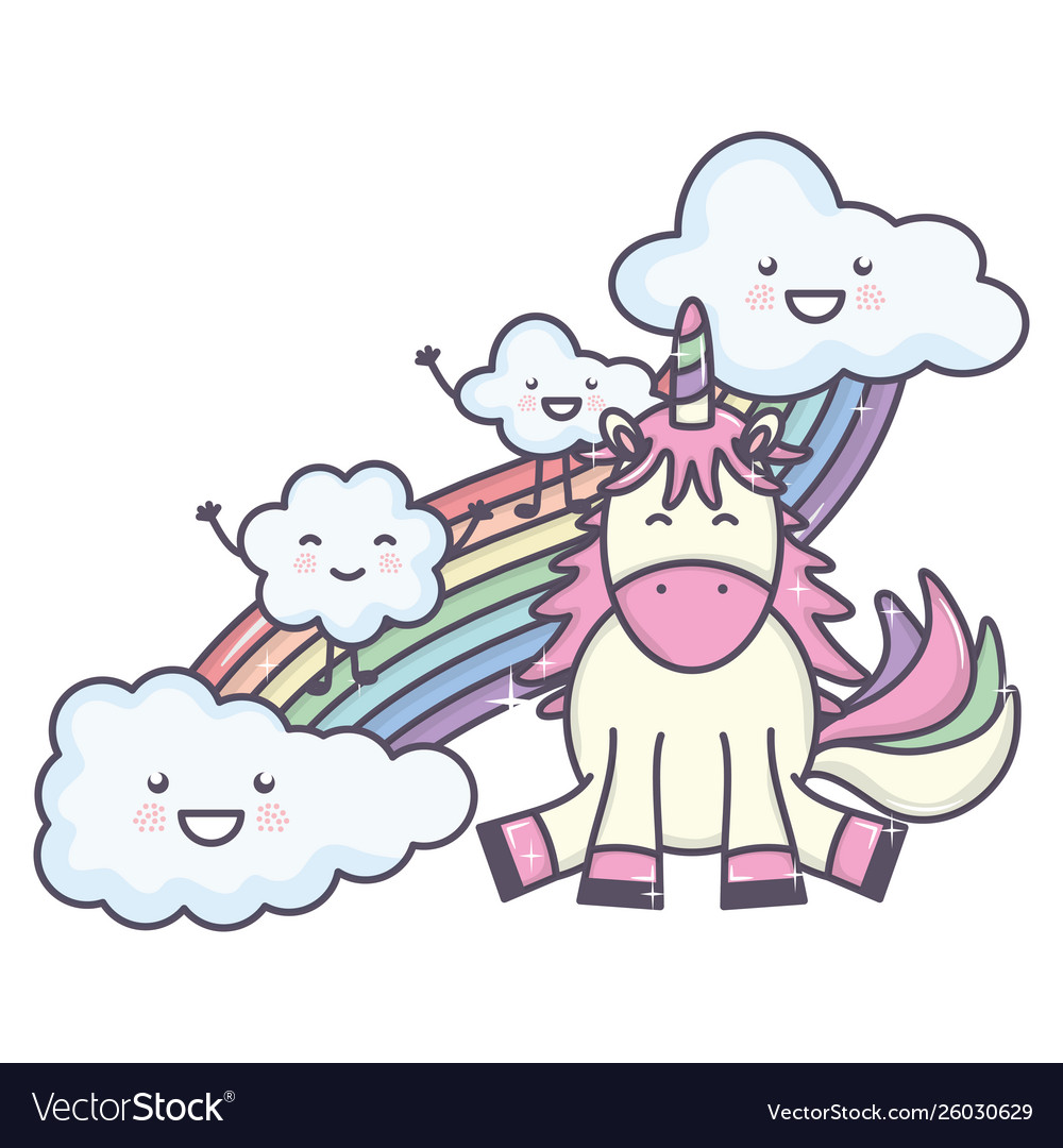 Cute Adorable Unicorn With Clouds And Rainbow Vector Image