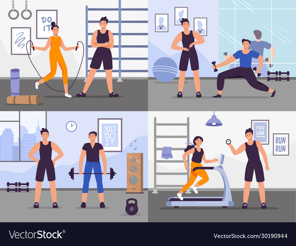 Gym Coach Set People Training Royalty Free Vector Image