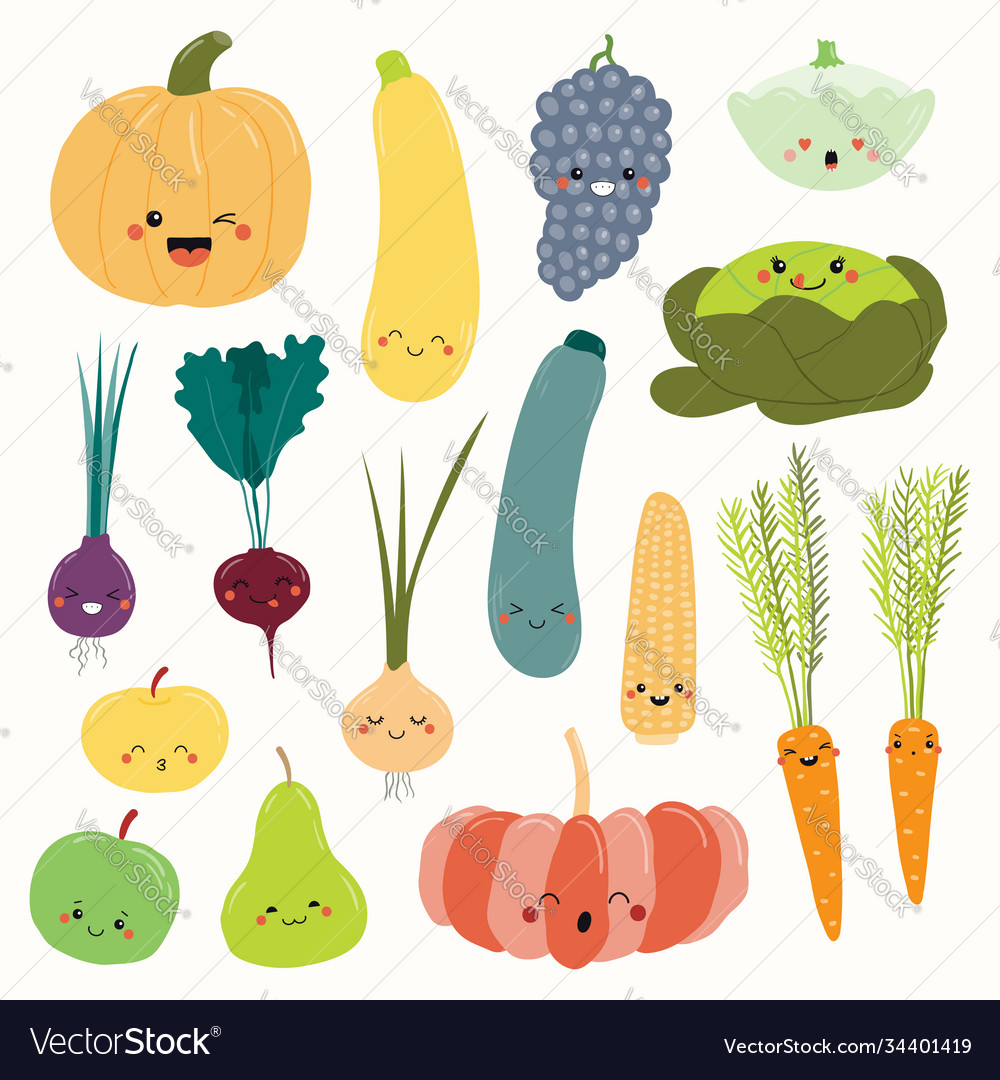 Kawaii Fruits And Vegetables Set Royalty Free Vector Image