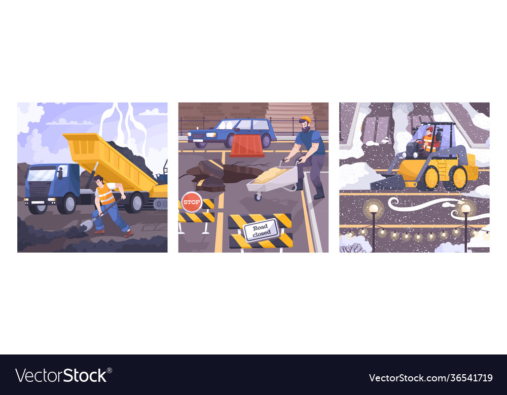 Three Road Repair Flat Icon Set Royalty Free Vector Image