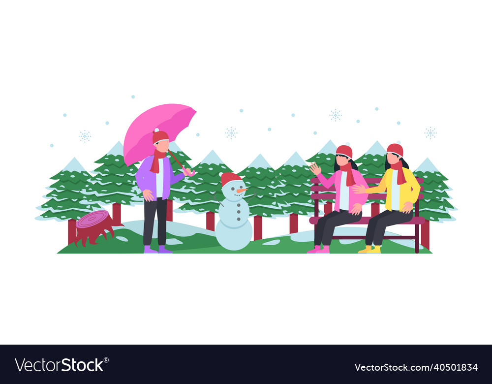 Winter City Park With Snow And Two People Vector Image