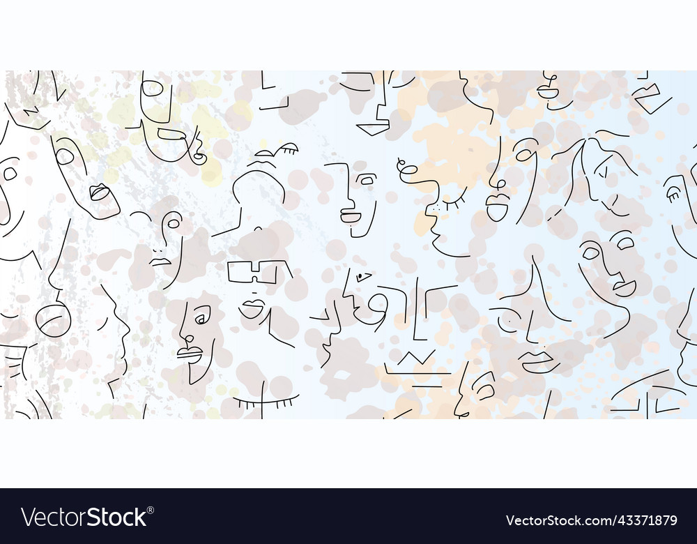 One Line Drawing Abstract Face Seamless Pattern Vector Image