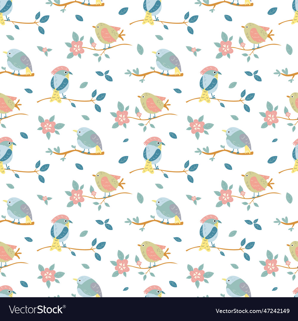 Cute Spring Birds And Flowers Seamless Pattern Vector Image