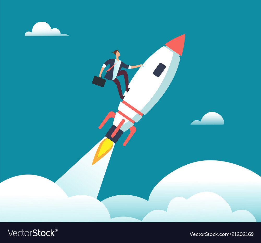 Successful Happy Businessman Flying On Rocket Vector Image