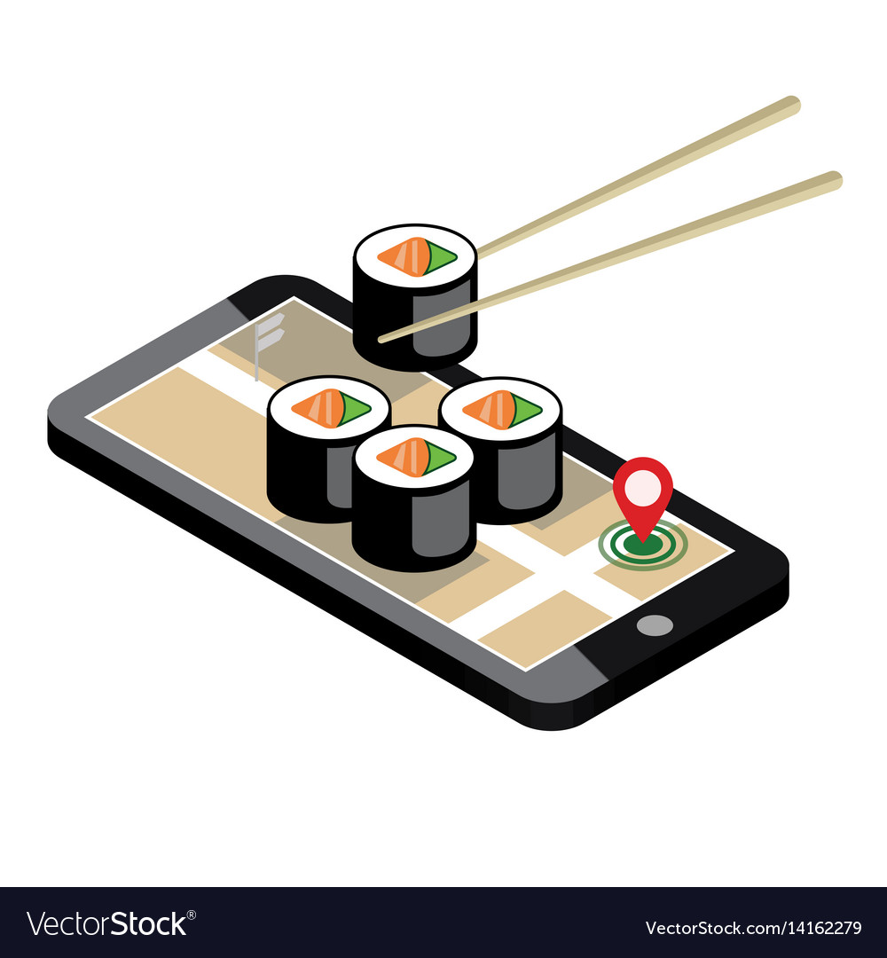 Isometric City Food Delivering Sushi Mobile Vector Image