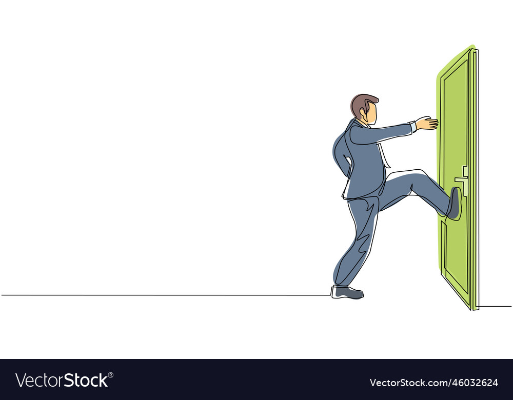 Single One Line Drawing Businessman Kicks Door Vector Image