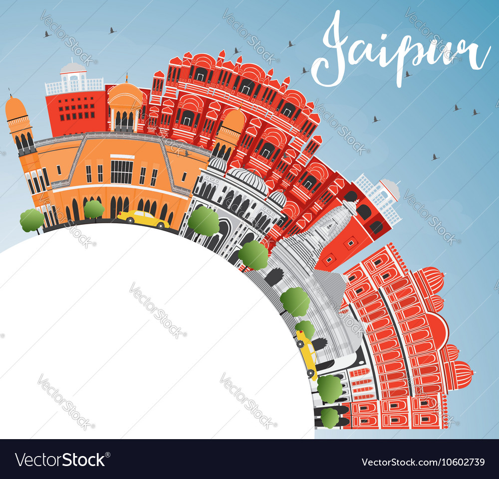 Jaipur Skyline With Color Landmarks Blue Sky Vector Image