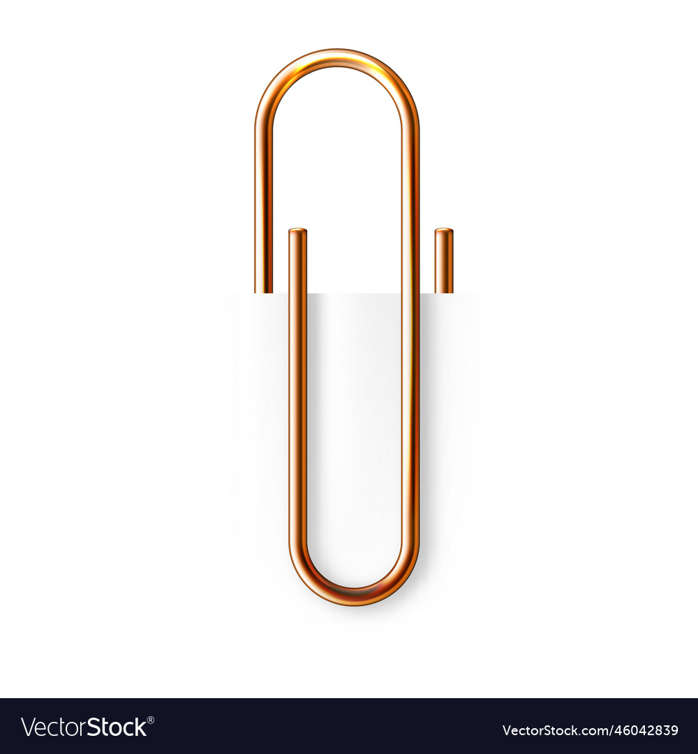 Realistic Copper Paperclip Attached To Paper Vector Image