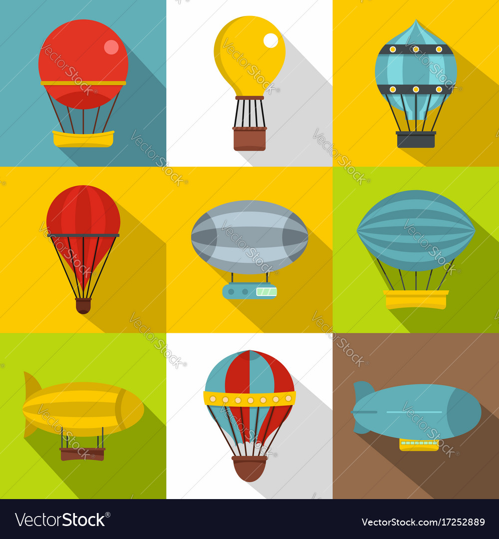 Airship Balloons Icon Set Flat Style Royalty Free Vector