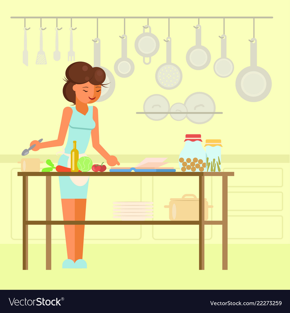 Woman Cooking In Kitchen Flat Royalty Free Vector Image