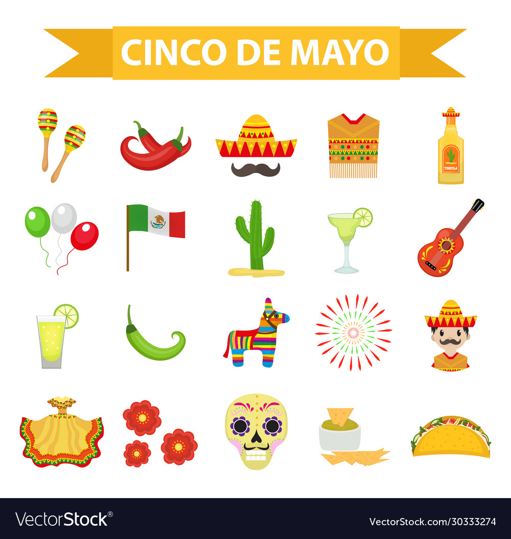 Cinco De Mayo Celebration In Mexico Icons Set Vector Image