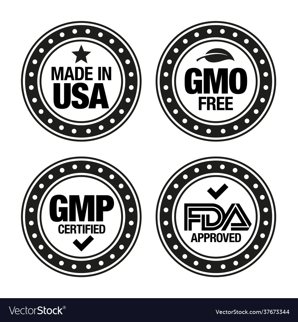 Four Product Badges Made In Usa Gmo Gmp Fda Vector Image