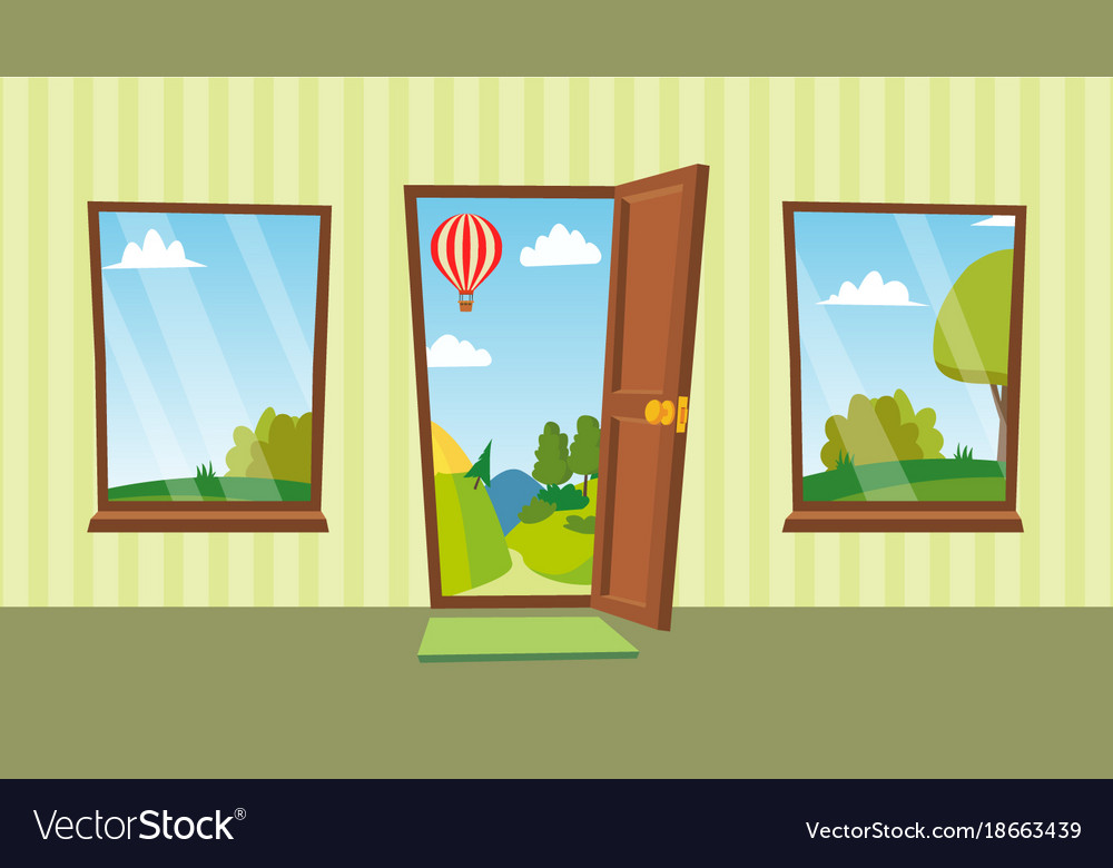 Opened Door And Windows Cartoon Flat Royalty Free Vector