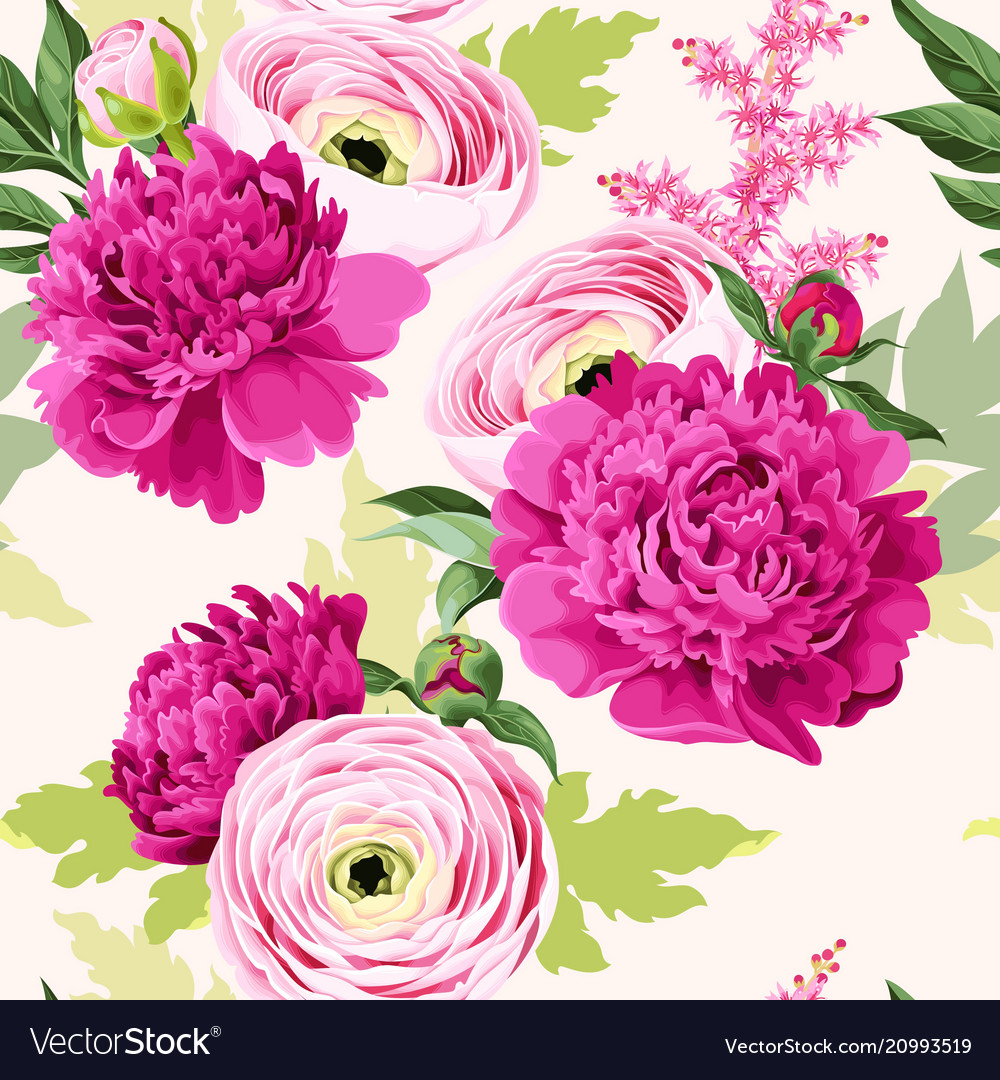 Seamless Pattern With Peony And Ranunculus Vector Image