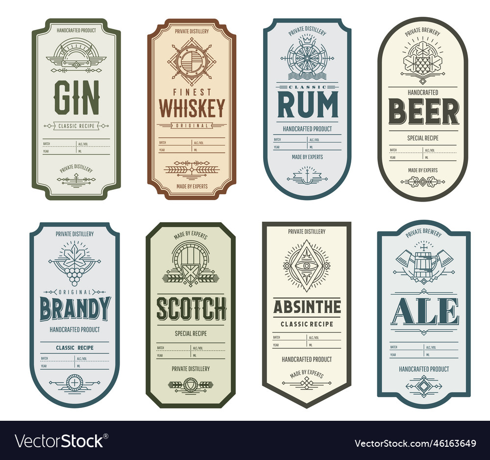 Vintage Alcohol Labels Of Brandy Whiskey And Rum Vector Image