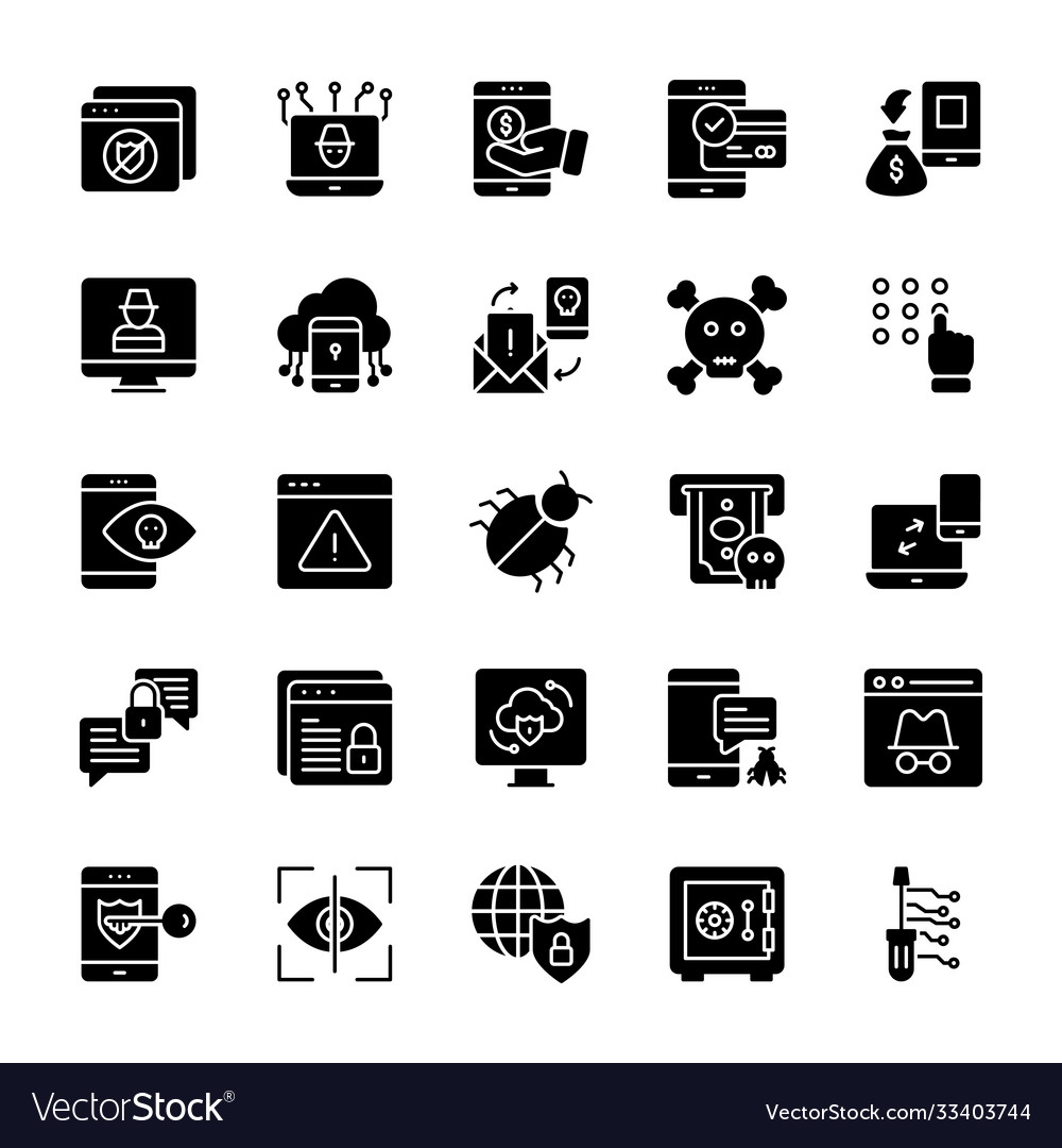 Cyber Crime Glyph Icons Set Royalty Free Vector Image