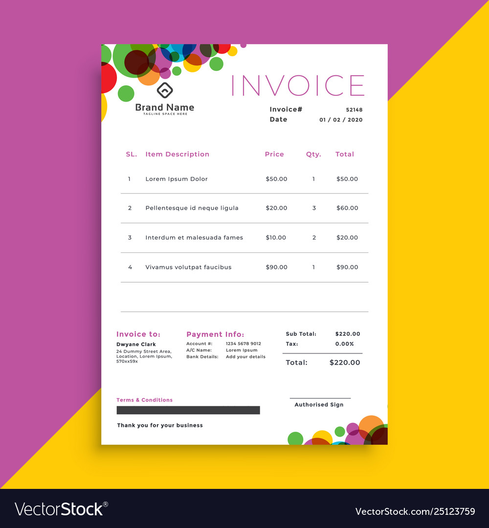 Abstract Colorful Circles Invoice Template Design Vector Image