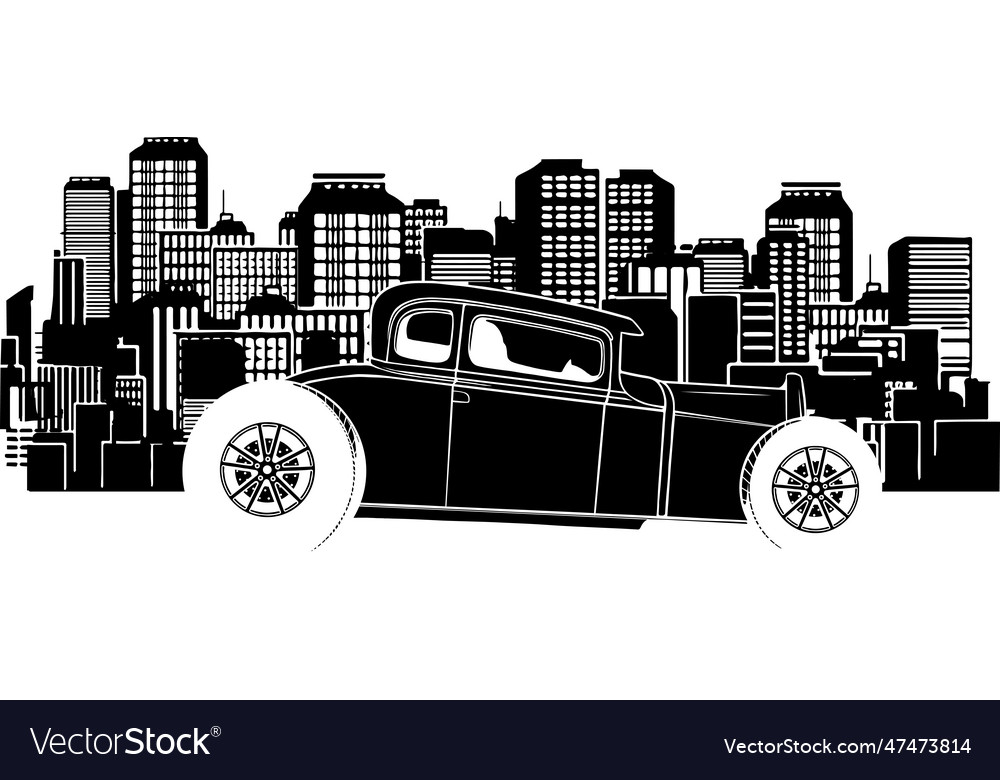 Black Silhouette Of Hot Rod Car With City Vector Image