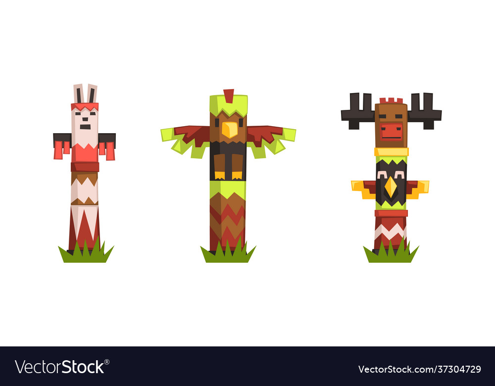 Indian Totem Poles Set Colorful Wooden Ethnic Vector Image