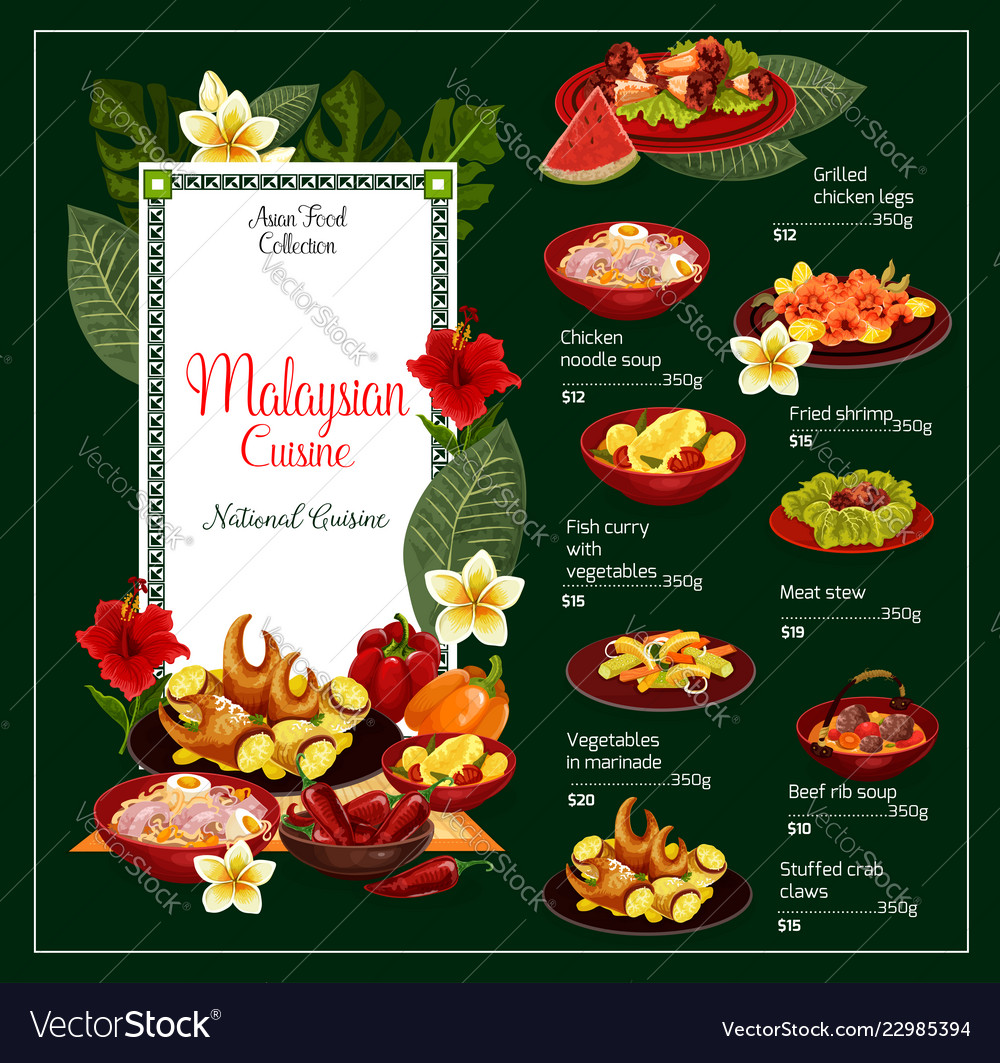 Menu Of Malaysian Cuisine Soups And Meat Dishes Vector Image