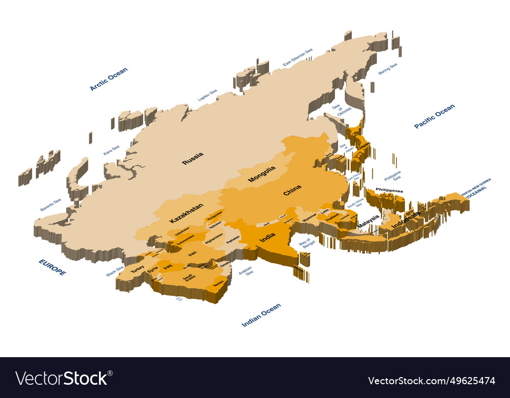 Asia Political Detailed Isometric Map Royalty Free Vector