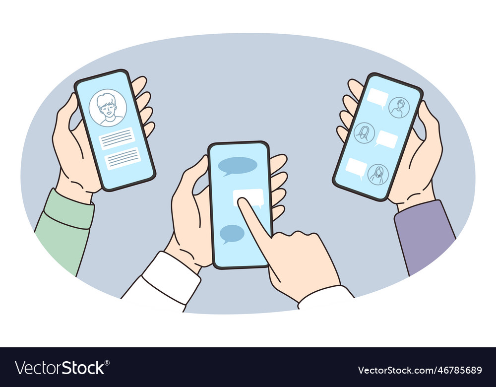 People Hold Cellphone Communicate Online Vector Image