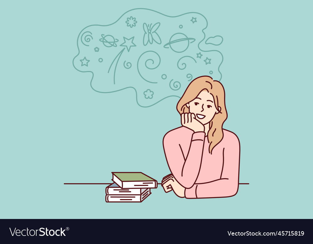 Woman Sitting At Table With Books Resting Chin Vector Image