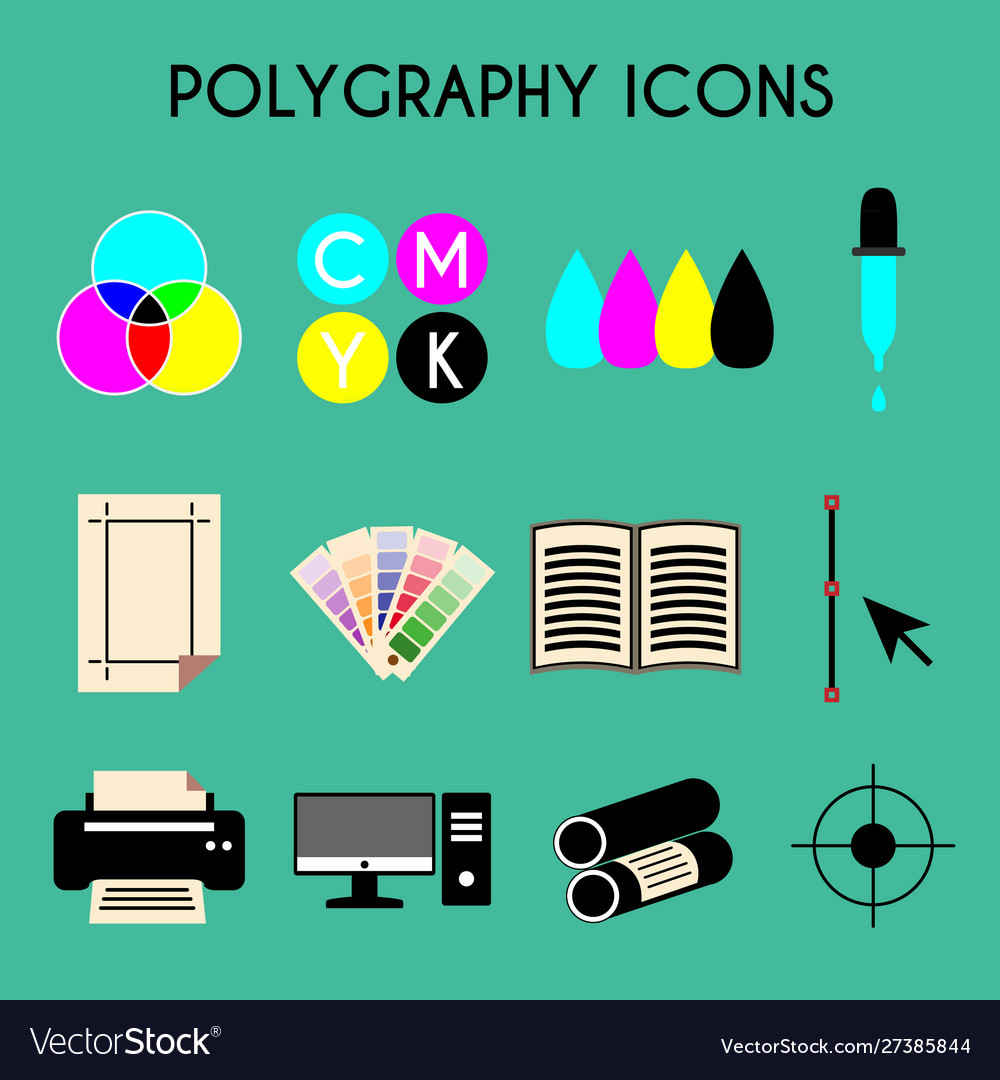 Flat Color Printing Polygraphy Icons Set Bezier Vector Image