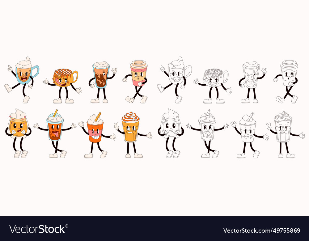 Groovy Coffee Drinks Characters Set Royalty Free Vector