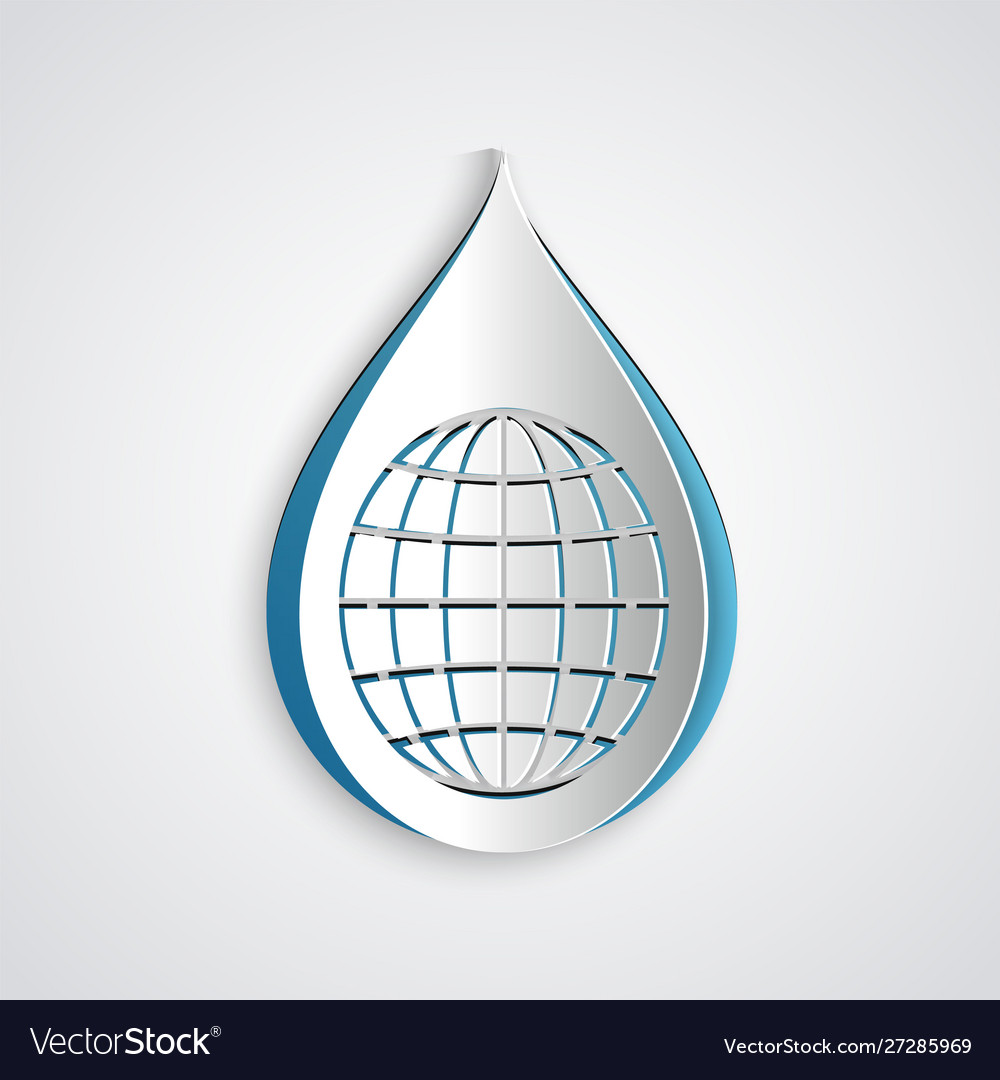 Paper Cut Earth Planet In Water Drop Icon Isolated