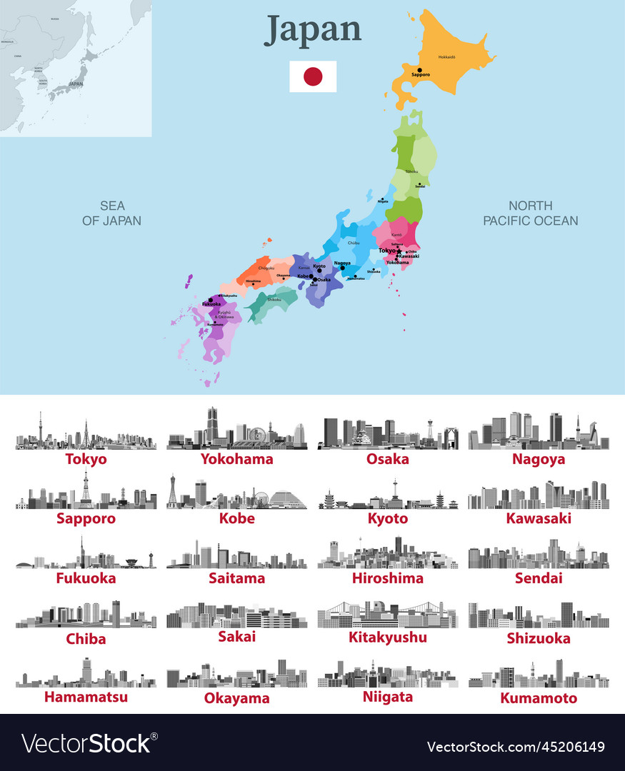 Japan Map With Main Cities On It Japanese Cities Vector Image