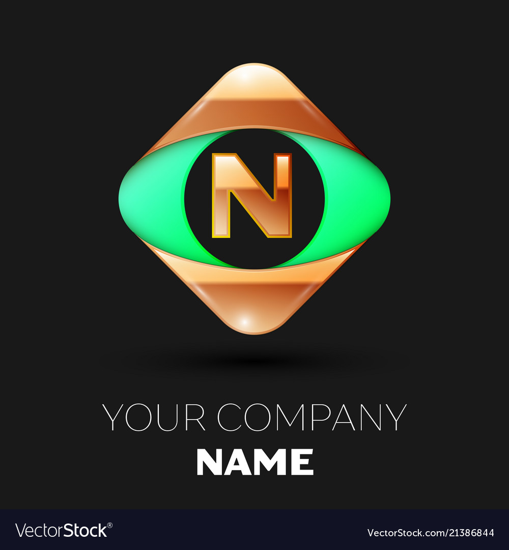 Golden Letter N Logo In The Golden Green Square Vector Image