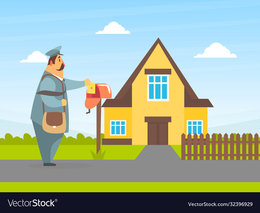 Postman In Uniform Putting Letter In Mailbox Vector Image