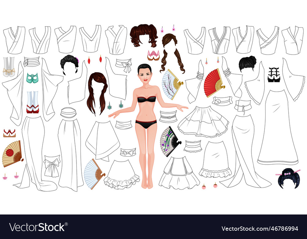 Kimono Dress Coloring Page Paper Doll Royalty Free Vector