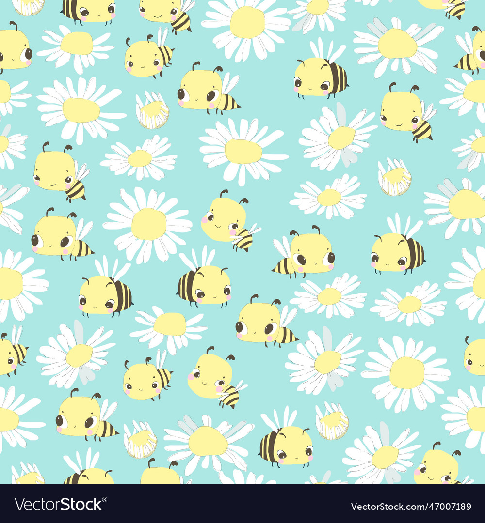 Seamless Pattern With Daisy Flower And Bees Vector Image