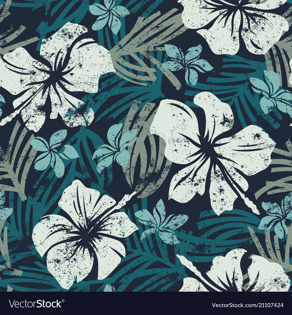 Grunge Hibiscus Flowers Seamless Pattern Vector Image