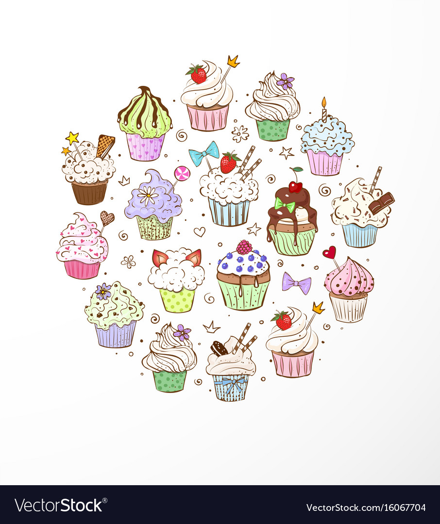 Doodle Sketch Cupcakes With Decorations On White Vector Image