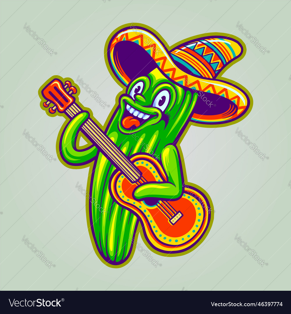 Mexican Cactus Guitar Sombrero Hat Cinco De Mayo Vector Image