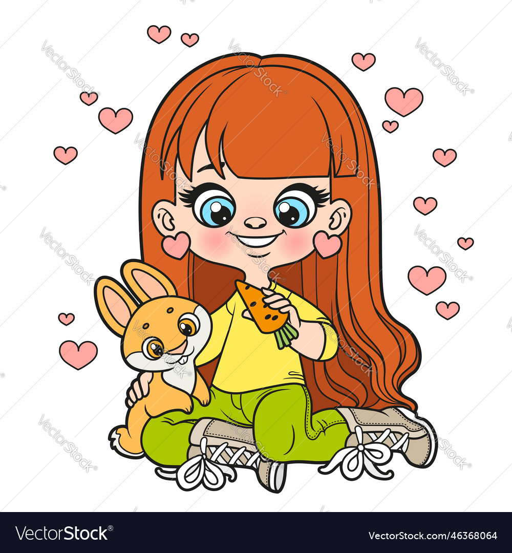 Cute Cartoon Long Haired Girl Feeding The Orange Vector Image