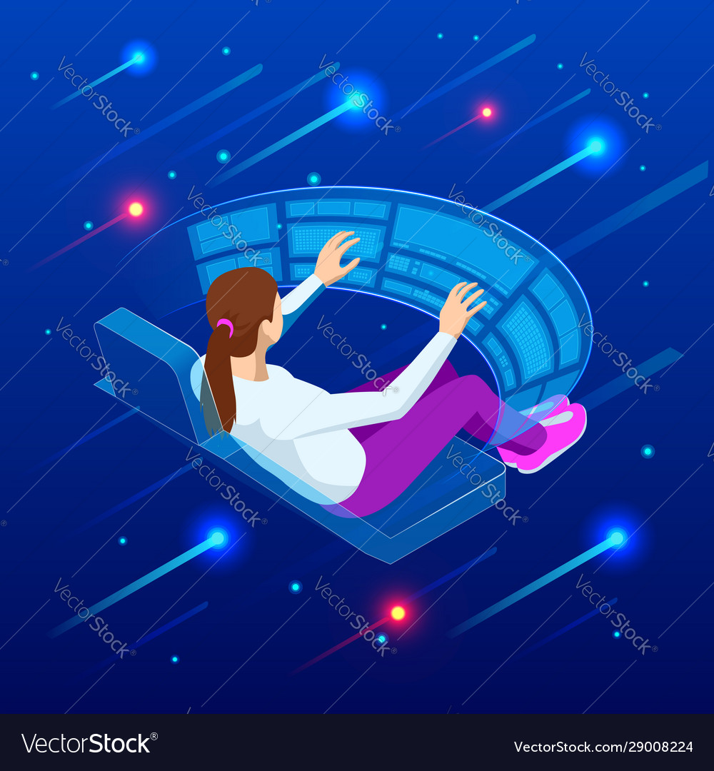 Isometric Woman Touching Virtual Interface Vector Image