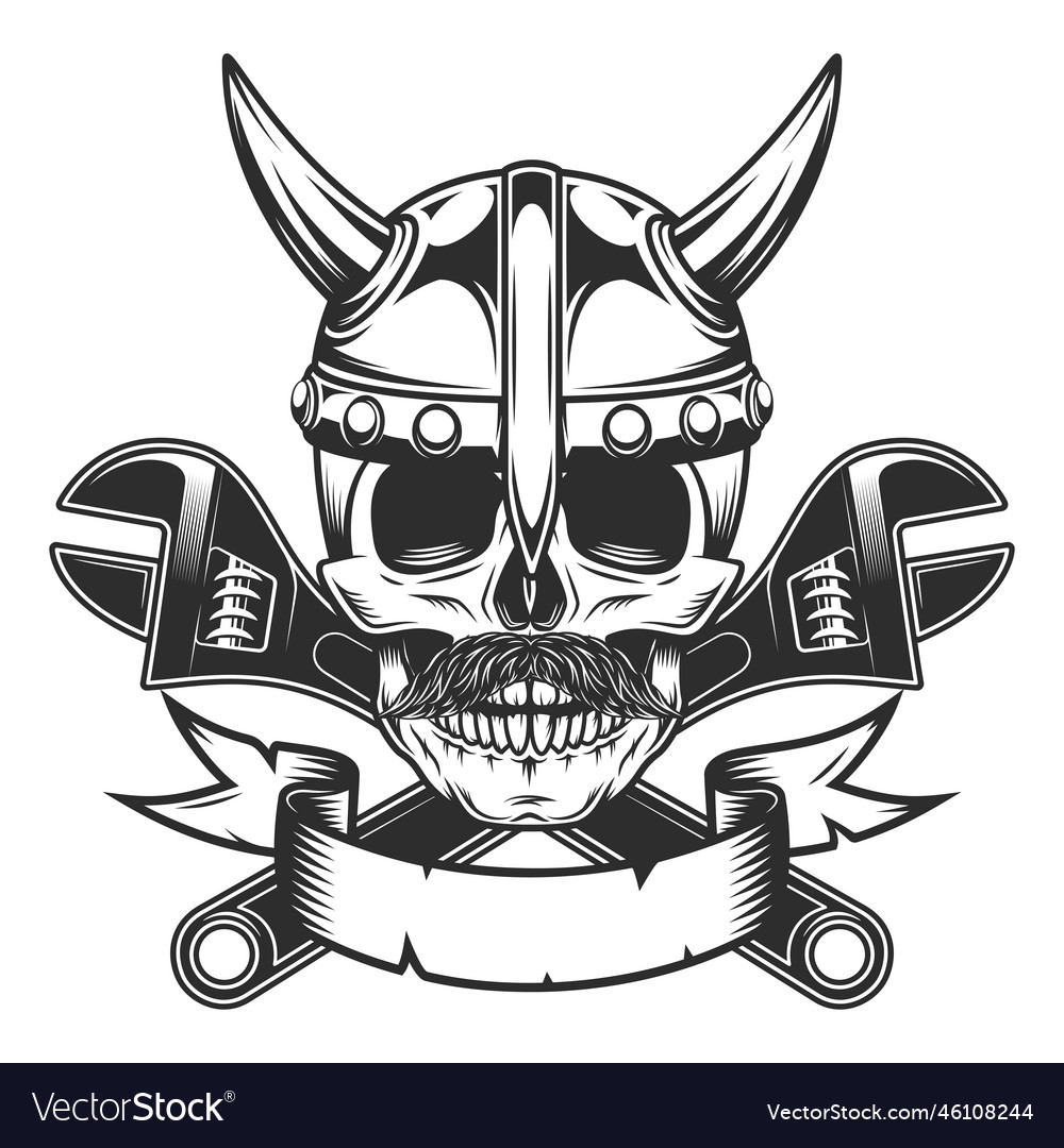 Skull In Viking Helmet With Mustache With Wrench Vector Image