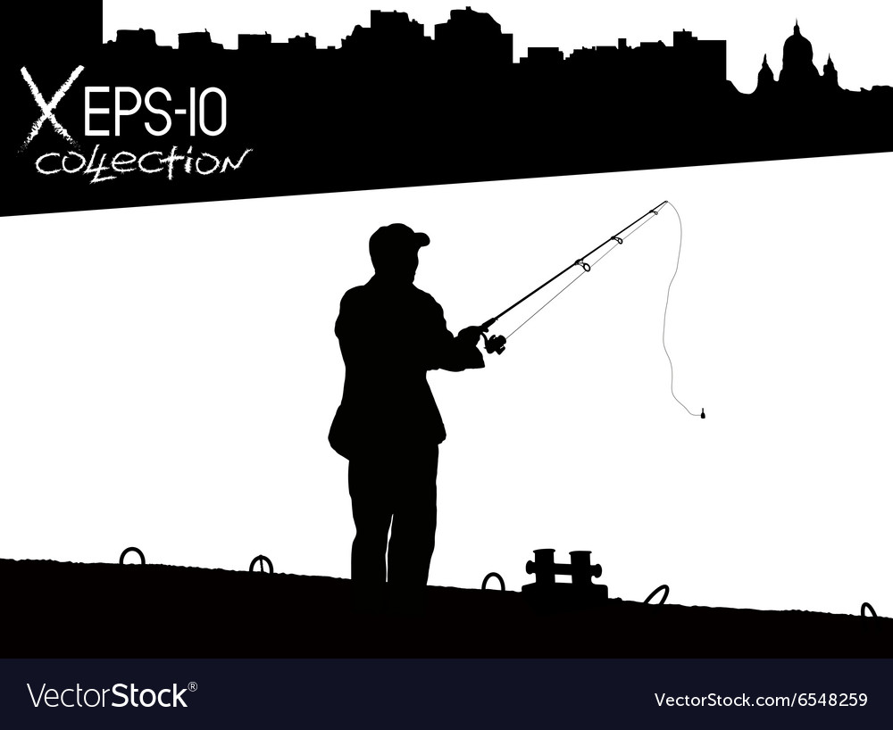 Silhouette Fisherman With Fishing Rod On Pier Vector Image