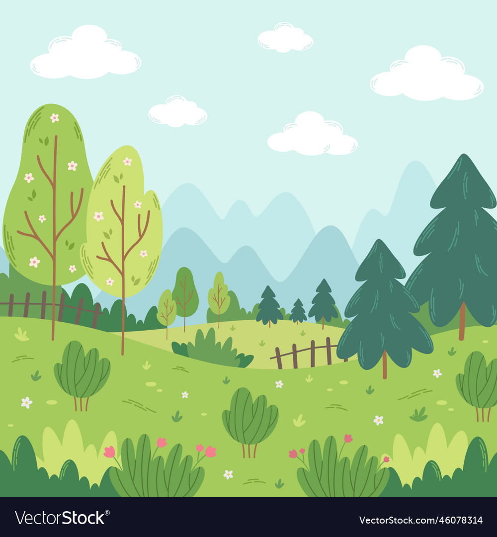 Spring Landscape With Trees Mountains Fields Vector Image