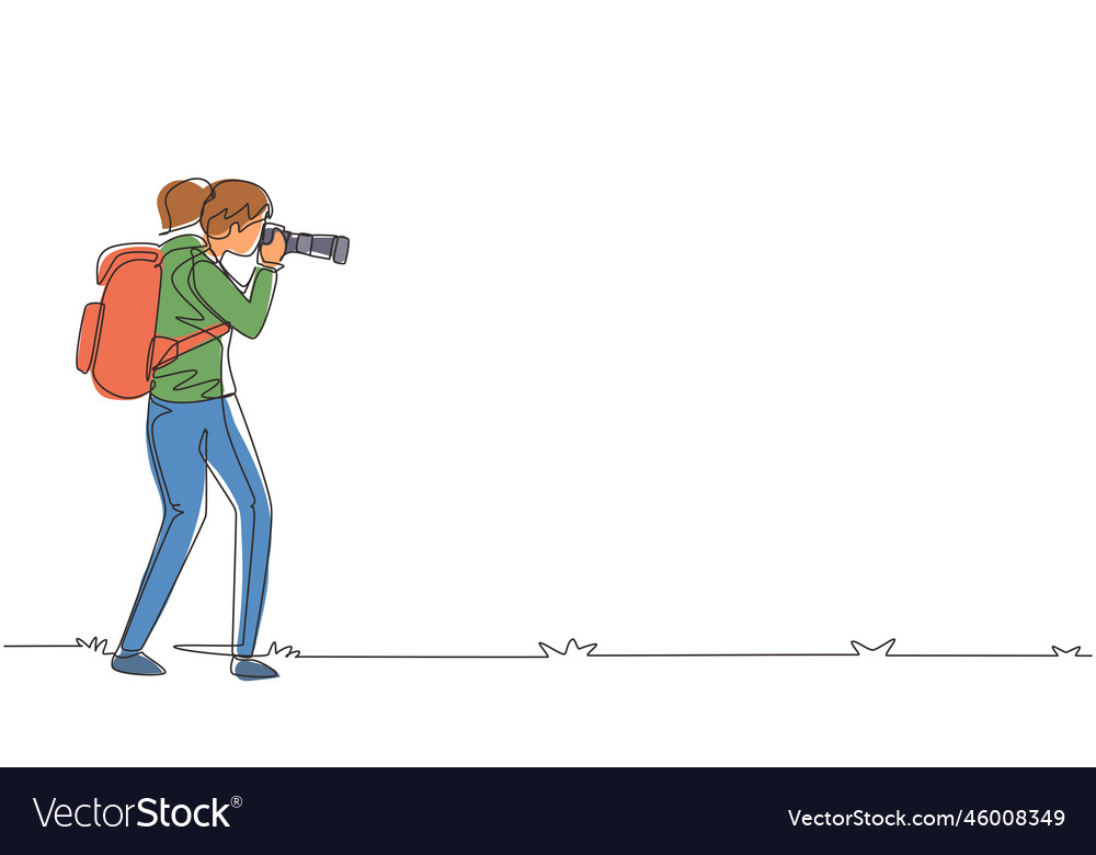 Single One Line Drawing Female Photographer Vector Image