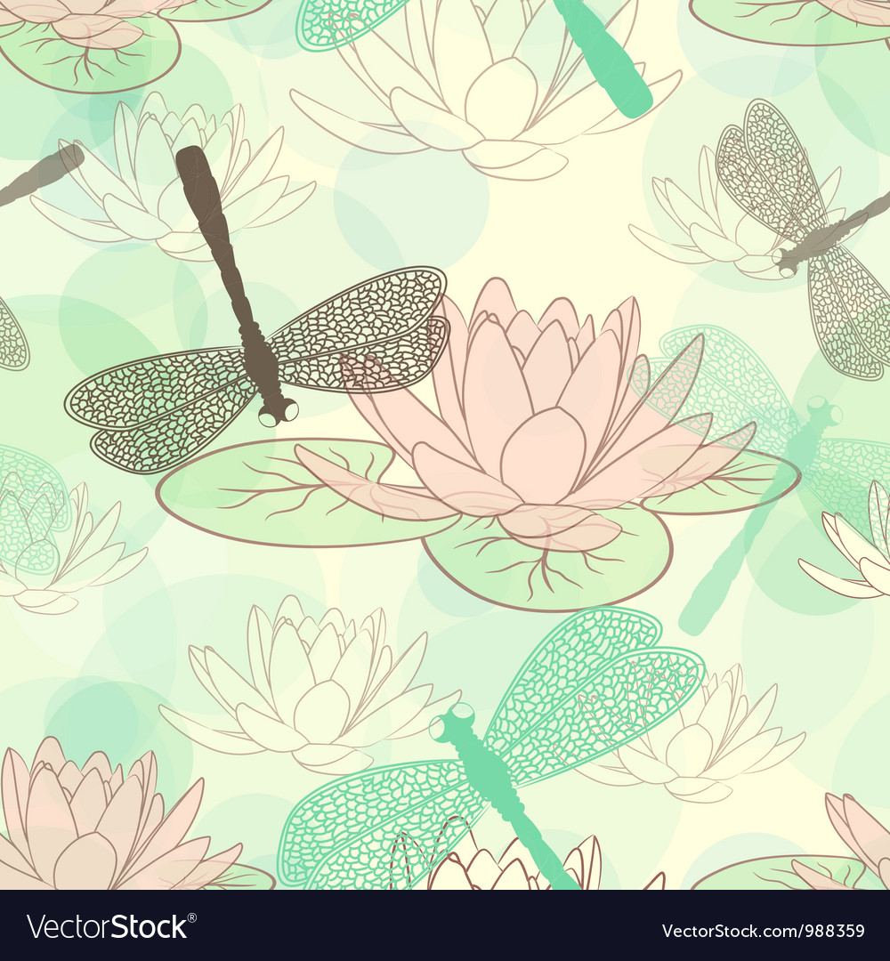 Seamless Pattern With Lotus Flower And Dragonflies