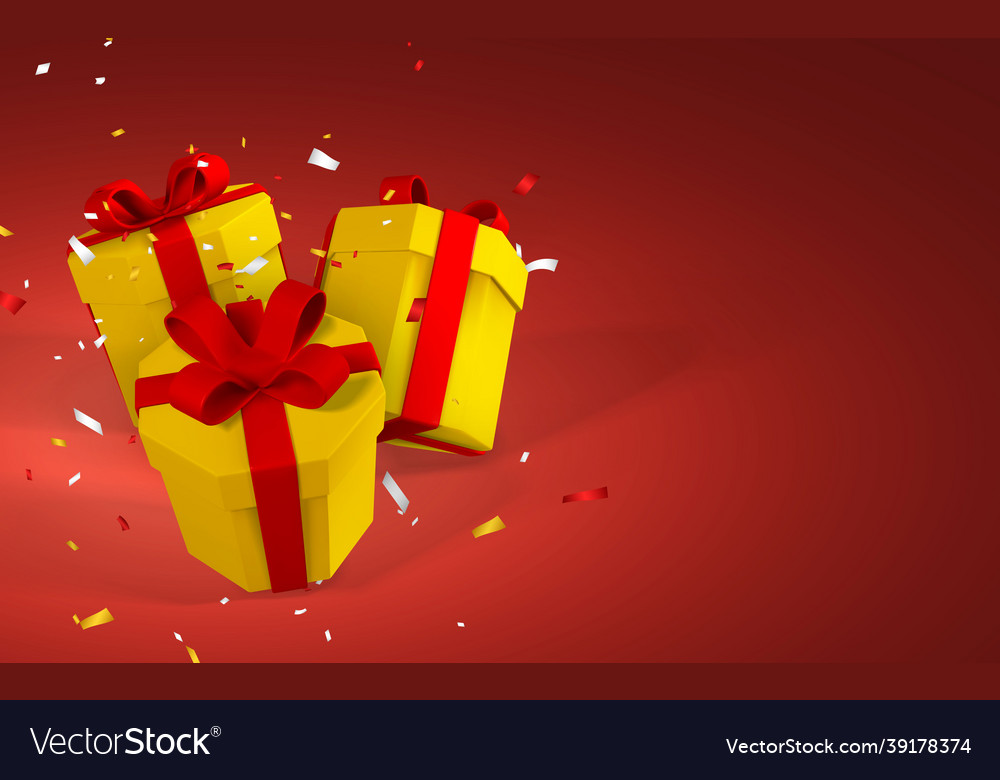 3d Realistic Gift Boxes With Red Bow Paper Yellow Vector Image