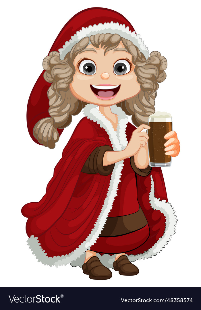 Winter Santa Claus Coat Middle Age Woman With Beer