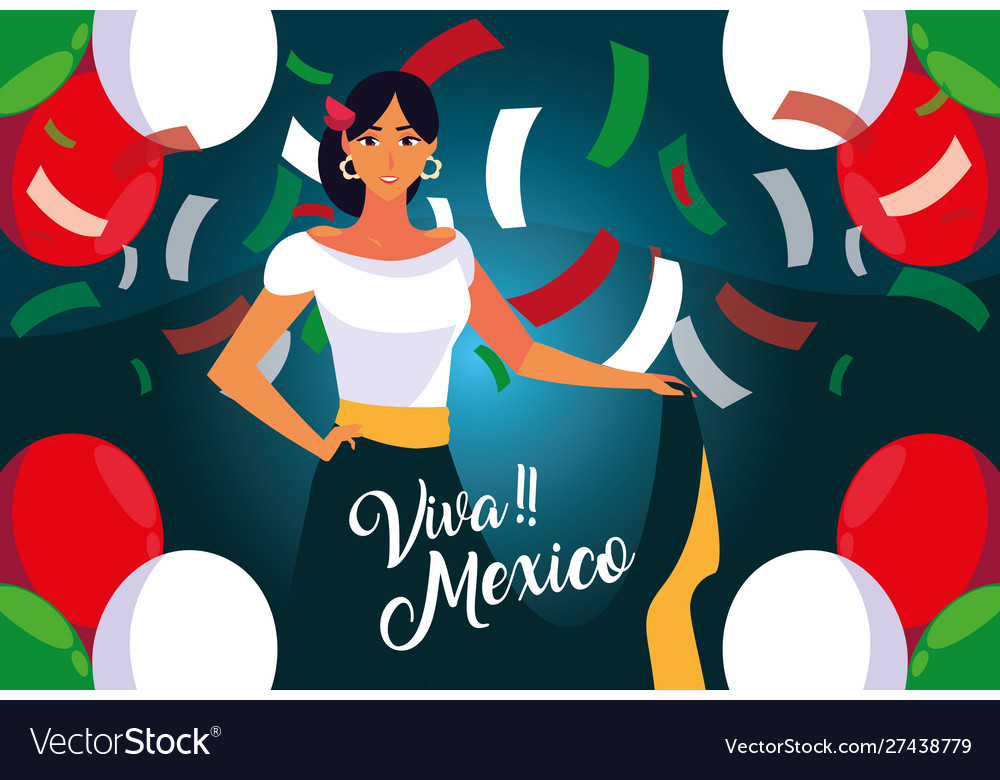 Viva Mexico Label With Woman Mexican Typical Vector Image