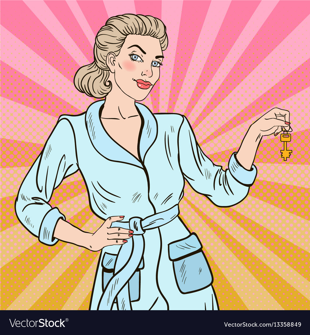 Pop Art Beautiful Blonde Woman With Key Royalty Free Vector