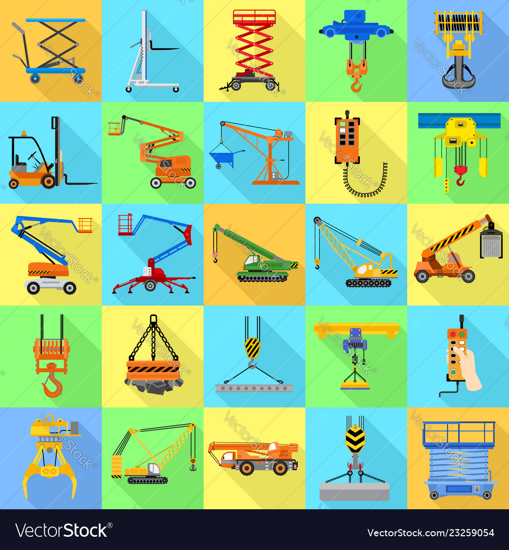 Lifting Machine Icon Set Flat Style Royalty Free Vector